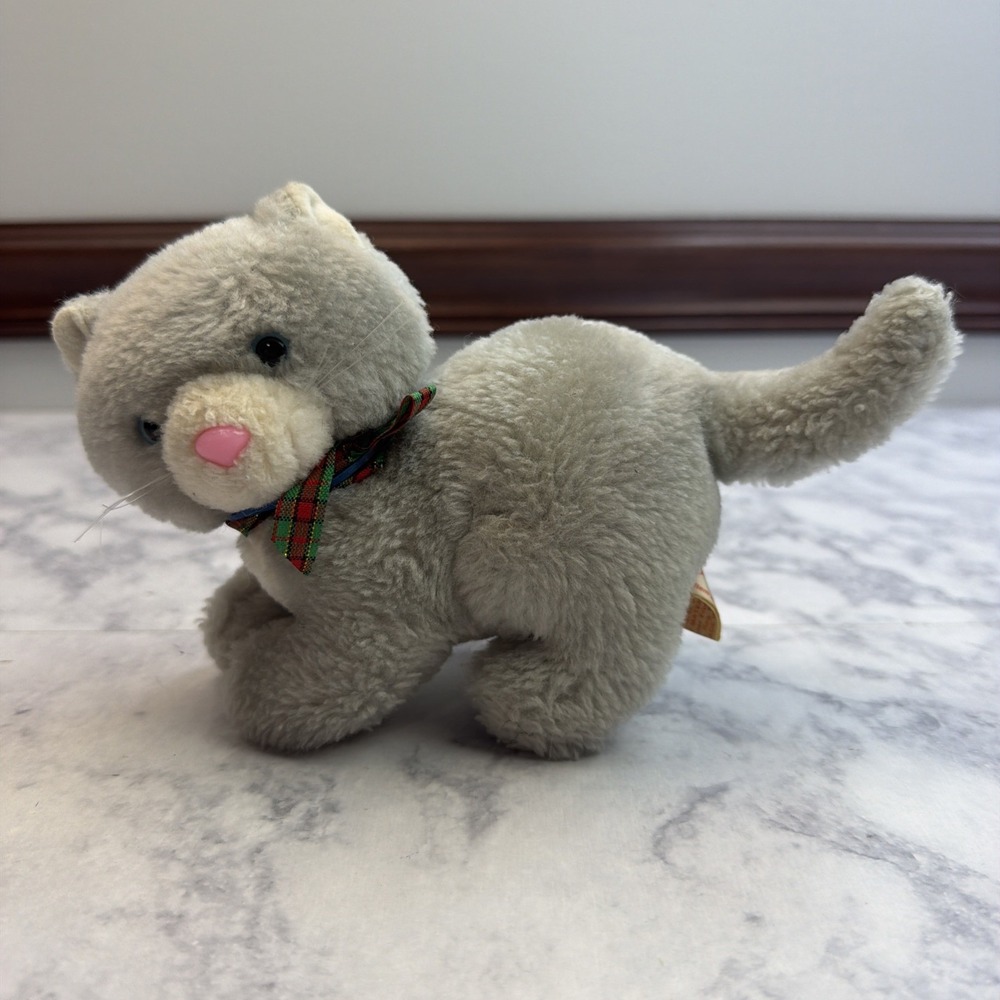 Russ Kitten Cat Luv Pets 8" Gray White Plush Stuffed Animal Kitty Toy Plaid Bow